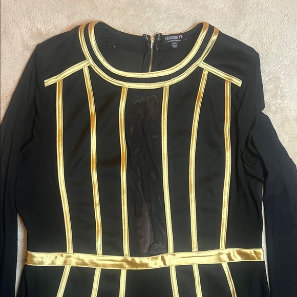 Sexy Black Dress with Sheer & Gold Accents sz 2X with stretch - Picture 4 of 15